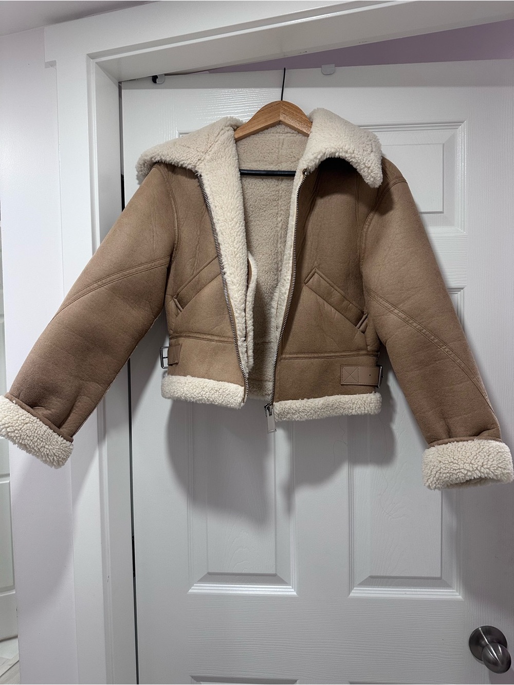Mango Tan Faux Shearling Lined Aviator Jacket